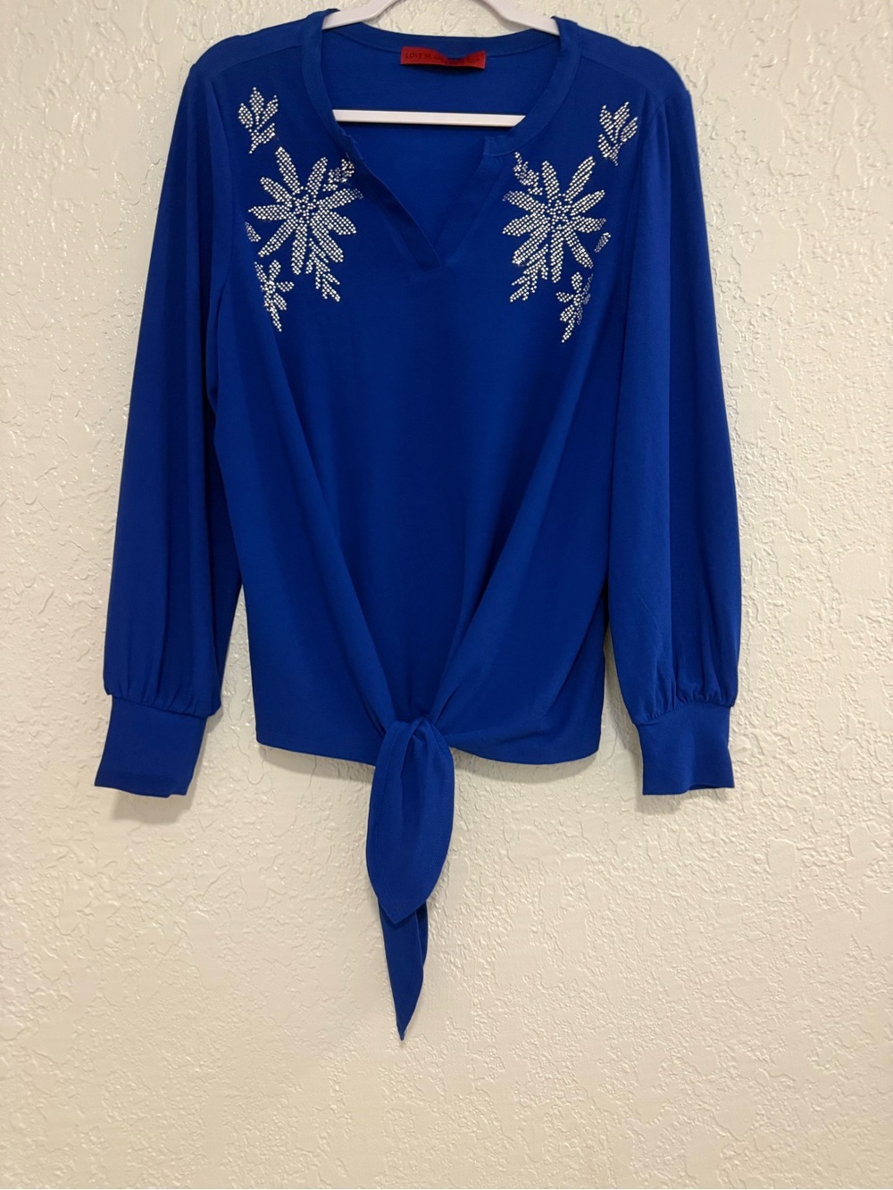 Scarlett Royal Blue Long-Sleeve Tie-Front Top with Rhinestone Accents